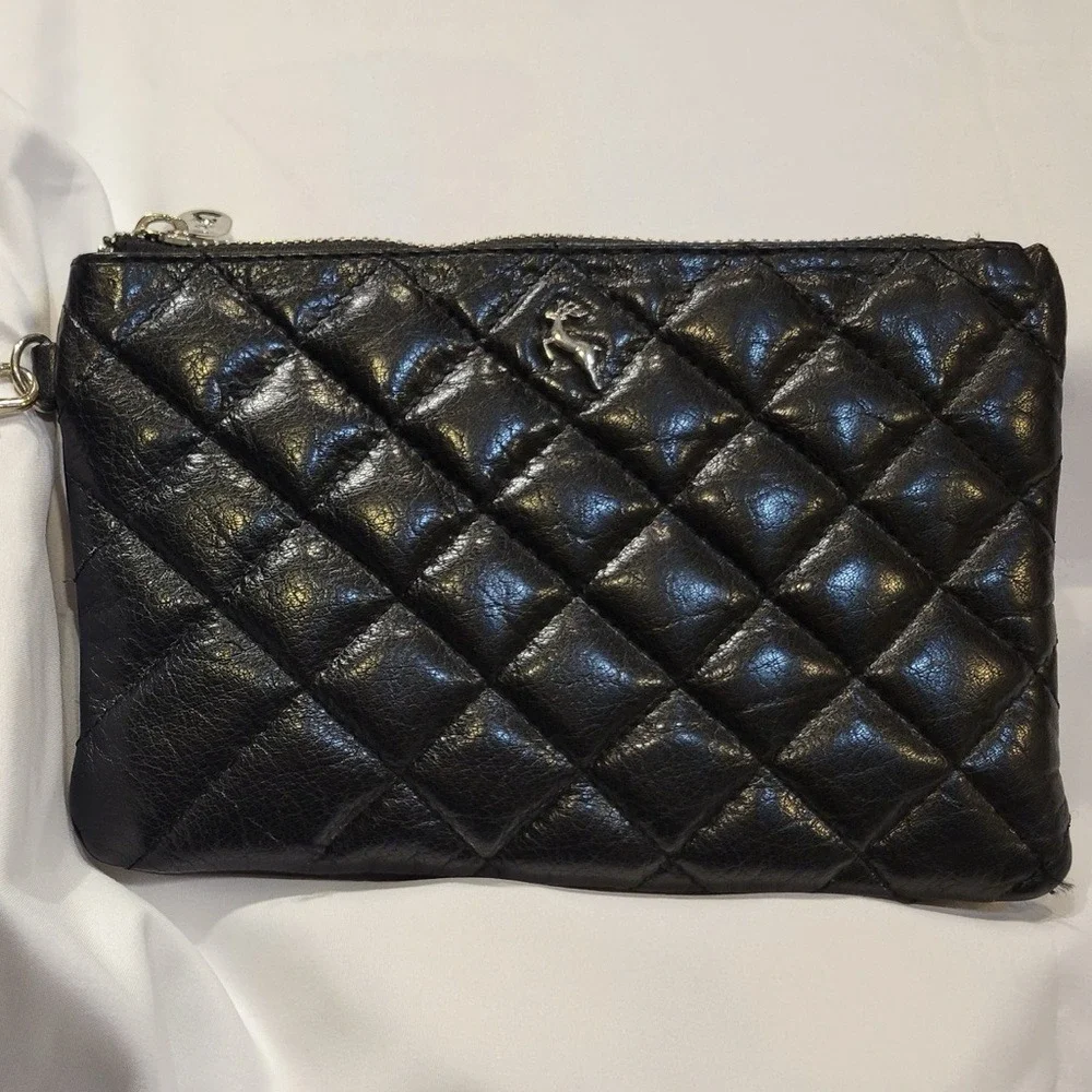 VTG Ashwood‎ Quilted Black Leather Wristlet Scandi Neutral Classic Normcore Cool